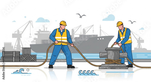 Two Dockworkers Handling Mooring Lines On Quay.