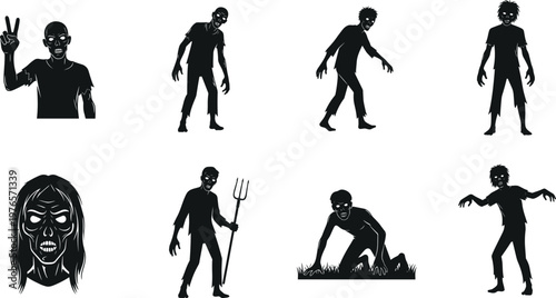 Zombie silhouette illustration, horror vector artwork, undead design symbol, Halloween graphic artwork, creepy monster icon set, walking dead illustration