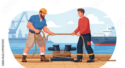 Two Dockworkers Pulling Mooring Line on Deck.