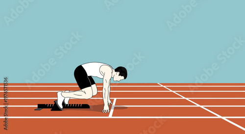 Athlete at Starting Blocks on Track, Ready to Sprint