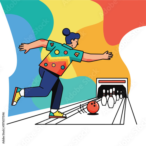 A person in vibrant clothing throws a bowling ball at pins