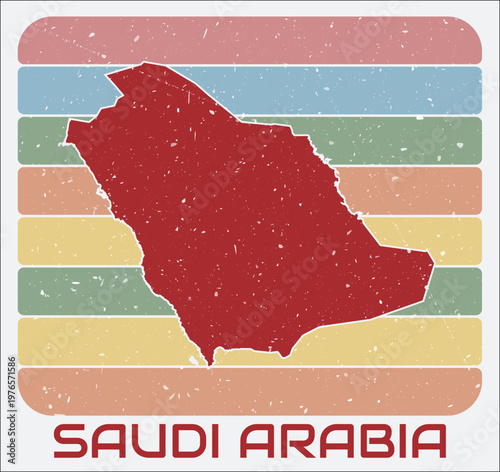 Saudi Arabia vintage logo. Shape of the country on retro colored stripes background. Saudi Arabia map design with grunge scratch texture. Vector illustration.