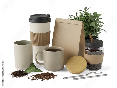 Fresh coffee beans and brewing accessories arranged on white surface