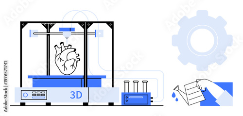 Medical innovation, organ development, biotechnology, healthcare solutions, scientific research, future technology. 3D printer creating a human heart alongside lab tools. Medical innovation and organ