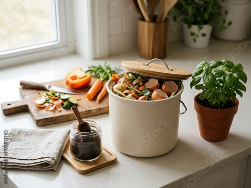 Fresh ingredients and kitchenware arranged for healthy meal preparation at home