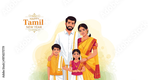A festive Tamil New Year illustration displays a traditionally dressed family of four against a bokeh background, celebrating the Puthandu festival with warm colors and intricate vector