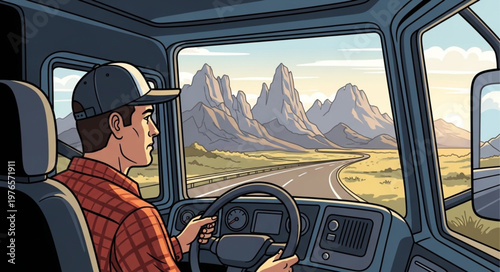 Male Truck Driver In Cab Steering Wheel.