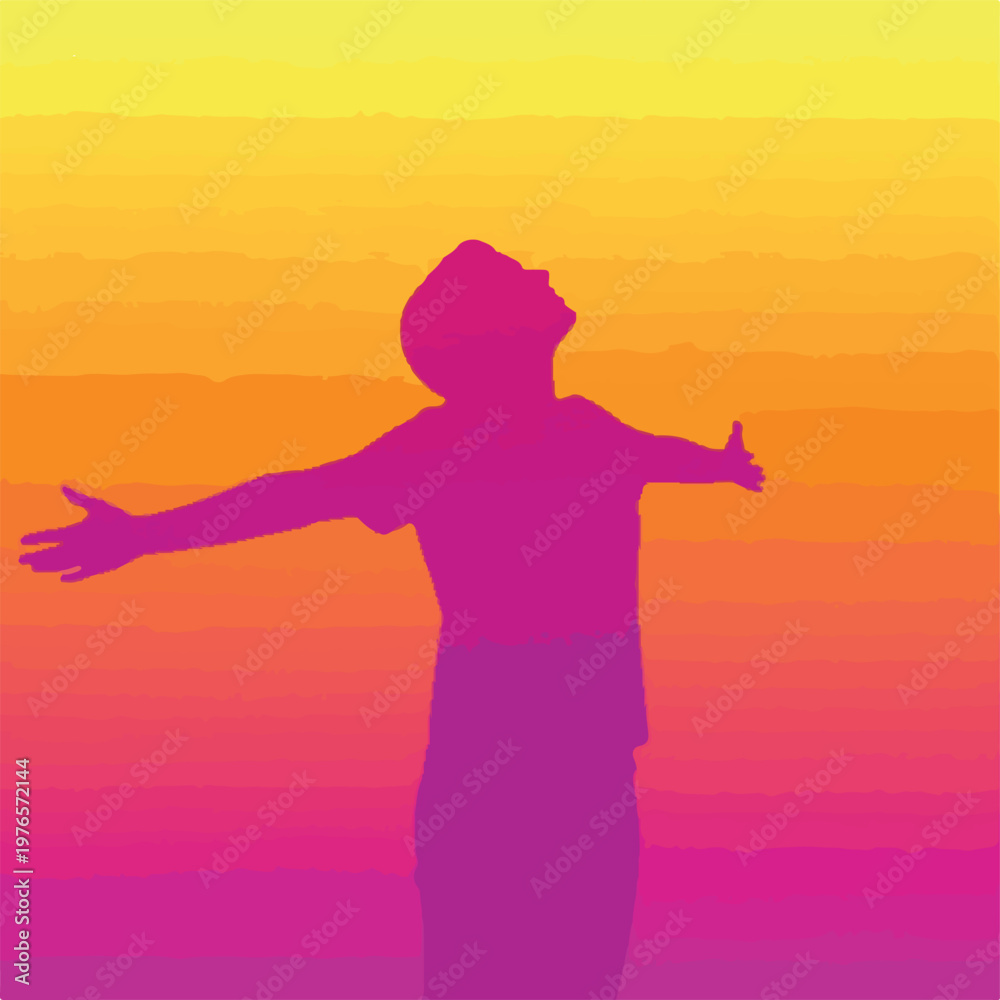 Fototapeta premium A person silhouette with open arms against a gradient sky background