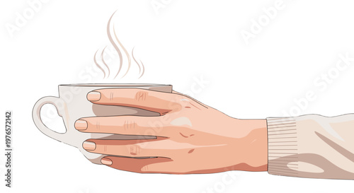 Hand holding a steaming cup of coffee or tea