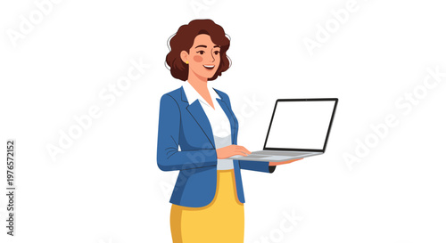 Businesswoman holding laptop in office environment with confident expression