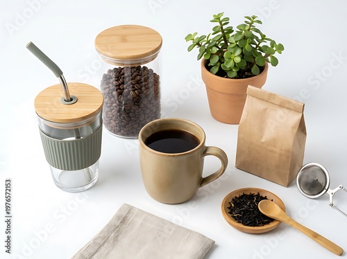 Freshly brewed coffee with loose tea leaves and whole coffee beans arrangement
