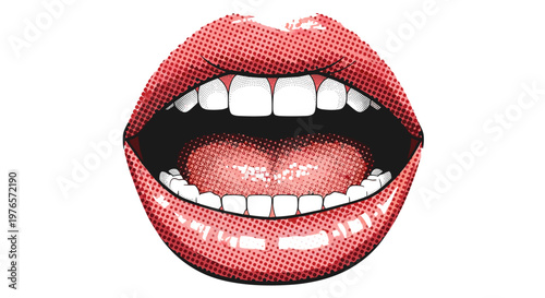 Closeup of a smiling mouth with red lipstick and white teeth