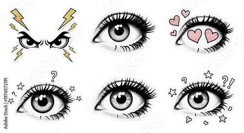 Set of five expressive eyes with various emotions and accessories