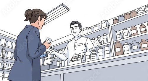 Pharmacist Handing Prescription To Female Customer Over Counter.