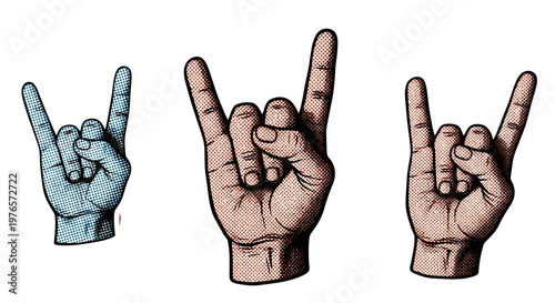 Set of three hand gestures making rock and roll signs in different styles
