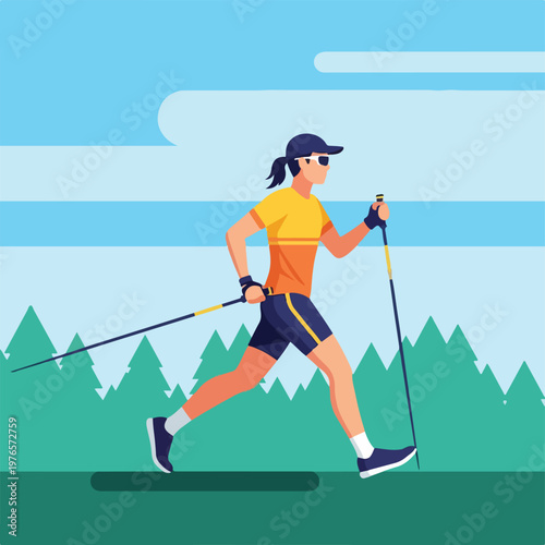 A person with sunglasses is Nordic walking in a natural scene