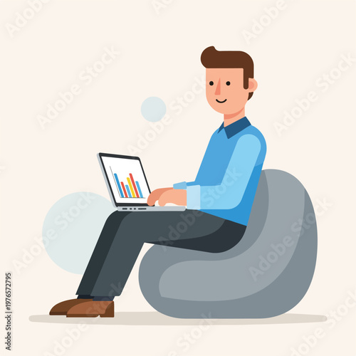 A person works on laptop, sitting comfortably on a beanbag chair
