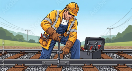 Railway worker repairing railroad track with wrench.