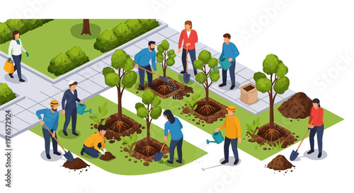 Isometric vector illustration showing an urban reforestation Earth Day isometric campaign with people planting trees in a city park using shovels and watering cans, rendered in 3D