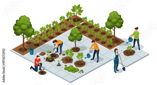 Isometric illustration depicts a tree planting campaign in an urban reforestation effort, with people planting seedlings and watering them in a green city environment, rendered in a 3D
