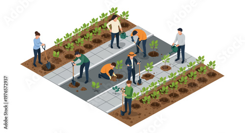 Isometric illustration depicting an Urban Reforestation initiative, featuring a diverse group of people planting trees along city streets, rendered in a vibrant, eco-friendly color palette