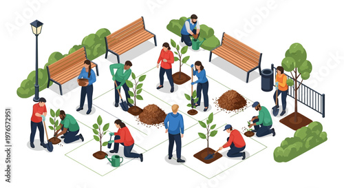Isometric illustration of a group of people participating in an urban reforestation project, planting trees in a city park with benches and greenery, depicted in a 3D vector design