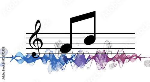 Musical notes on staff with colorful wave background for music theme