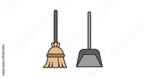 Vector illustration of broom and dustpan icon, cleaning equipment vector illustration on transparence background