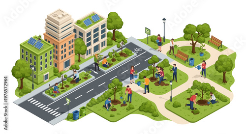 Isometric 3D illustration depicts an urban reforestation project with people planting trees in a city park and along streets, set against a bright background conveying a positive