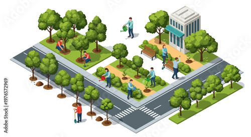 Isometric 3D illustration depicting an urban reforestation project where people are planting trees in a green city park, with a school building and benches, rendered in a bright