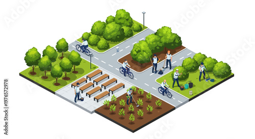 Isometric illustration of an urban reforestation project featuring people planting trees, riding bicycles, and placing benches in a green city landscape with a 3D vector design