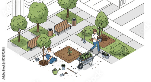 Isometric illustration of an urban reforestation project featuring people planting trees in a city park, with a wheelbarrow full of saplings, benches, and a muted color palette