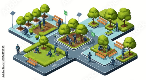 Isometric 3D illustration depicting an urban reforestation project showing people planting trees in a city park with benches and bike lanes, rendered in a bright, clean style