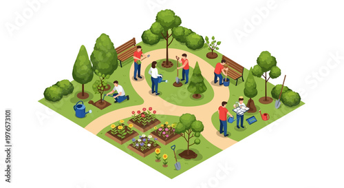 Isometric illustration of an urban reforestation campaign featuring people planting trees and tending to garden plots in a green city park with winding paths, creating a vibrant