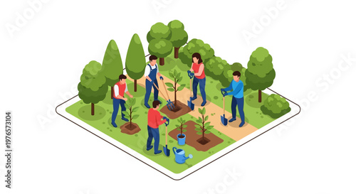 Isometric illustration depicting an urban reforestation initiative, where a group of people plant trees and nurture seedlings with watering cans in a city park, promoting eco-friendly