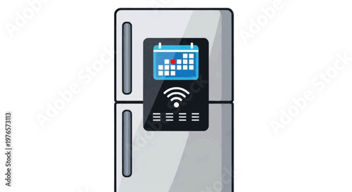 Vector illustration of smart refrigerator with digital calendar screen and wifi connectivity on transparence background