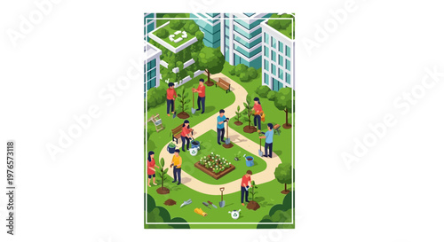 Isometric illustration showing an urban reforestation initiative with people planting trees in a green city park, designed in a 3D vector style, with a bright color palette to promote