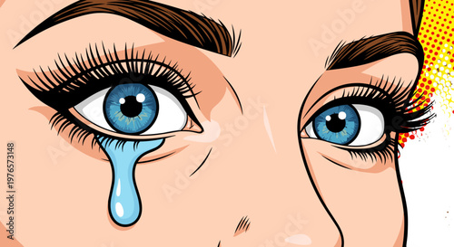 Closeup illustration of a womans face with expressive eyes and tears