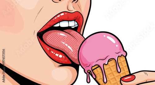 Closeup of woman licking pink ice cream cone with red lipstick
