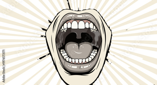 Closeup of a screaming face with open mouth and expressive emotion