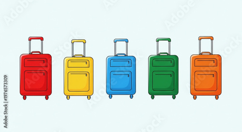 Row of Five Colorful Hardcase Travel Suitcases.