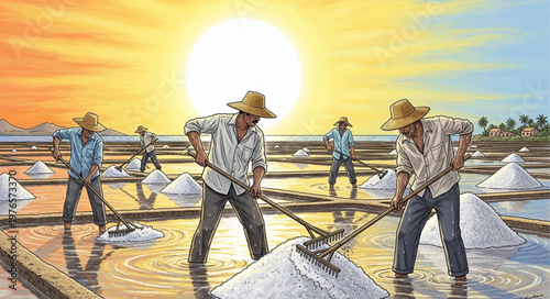 Salt Farm Workers Harvesting Crystalline Sea Salt.