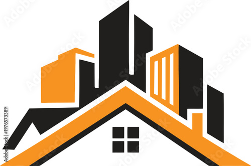 A bold and contemporary logo featuring a stylized city skyline integrated with a house roof shape, representing real estate, construction, and urban development. The orange and black color palette con