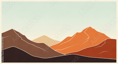 Stylized layered desert mountain range in warm tones.
