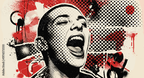 Expressive woman shouting with open mouth and energetic pose