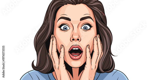 Surprised woman with wide eyes and hands on face expressing shock