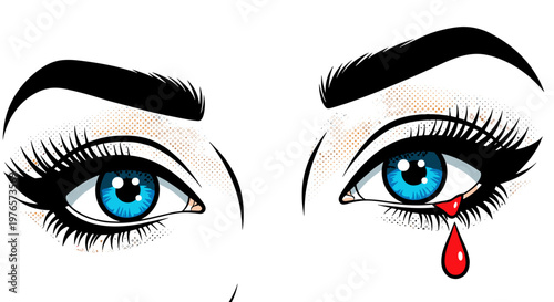 Closeup of expressive blue eyes with makeup and a teardrop