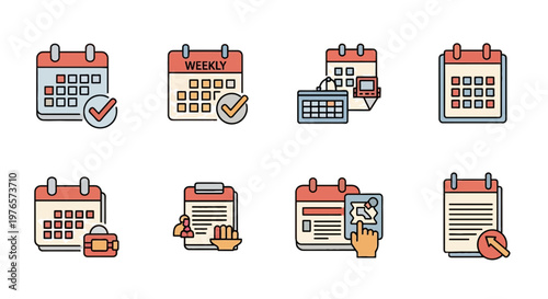 Calendar and Weekly Schedule Planner Vector Icon Set for Healthy Meal Subscription Service and Time Management.