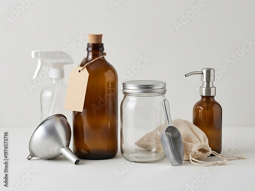 Set of amber glass bottles and kitchen tools for homemade cleaning products