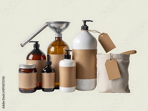 Set of empty amber glass bottles with pumps and funnels for homemade products